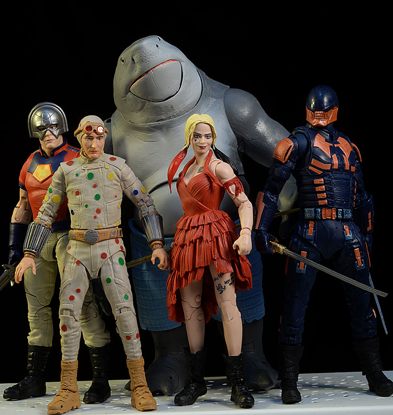 the Suicide Squad action figures (Peacemaker, Bloodsport, Harley Quinn, Polka-dot Man, King Shark) by McFarlane